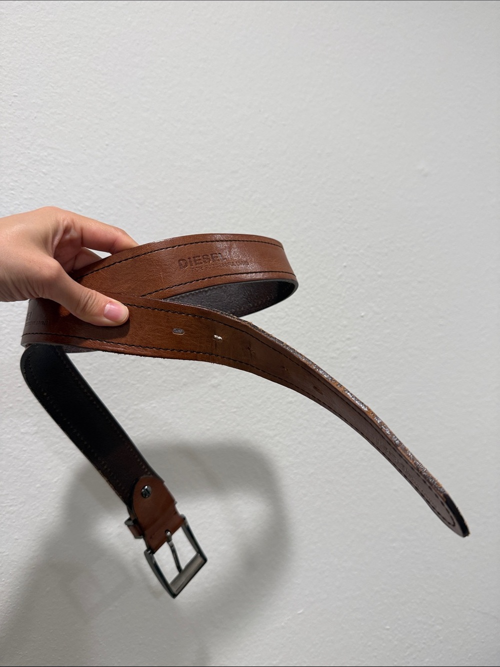 Diesel Men's Brown Leather Belt with Black Stitching